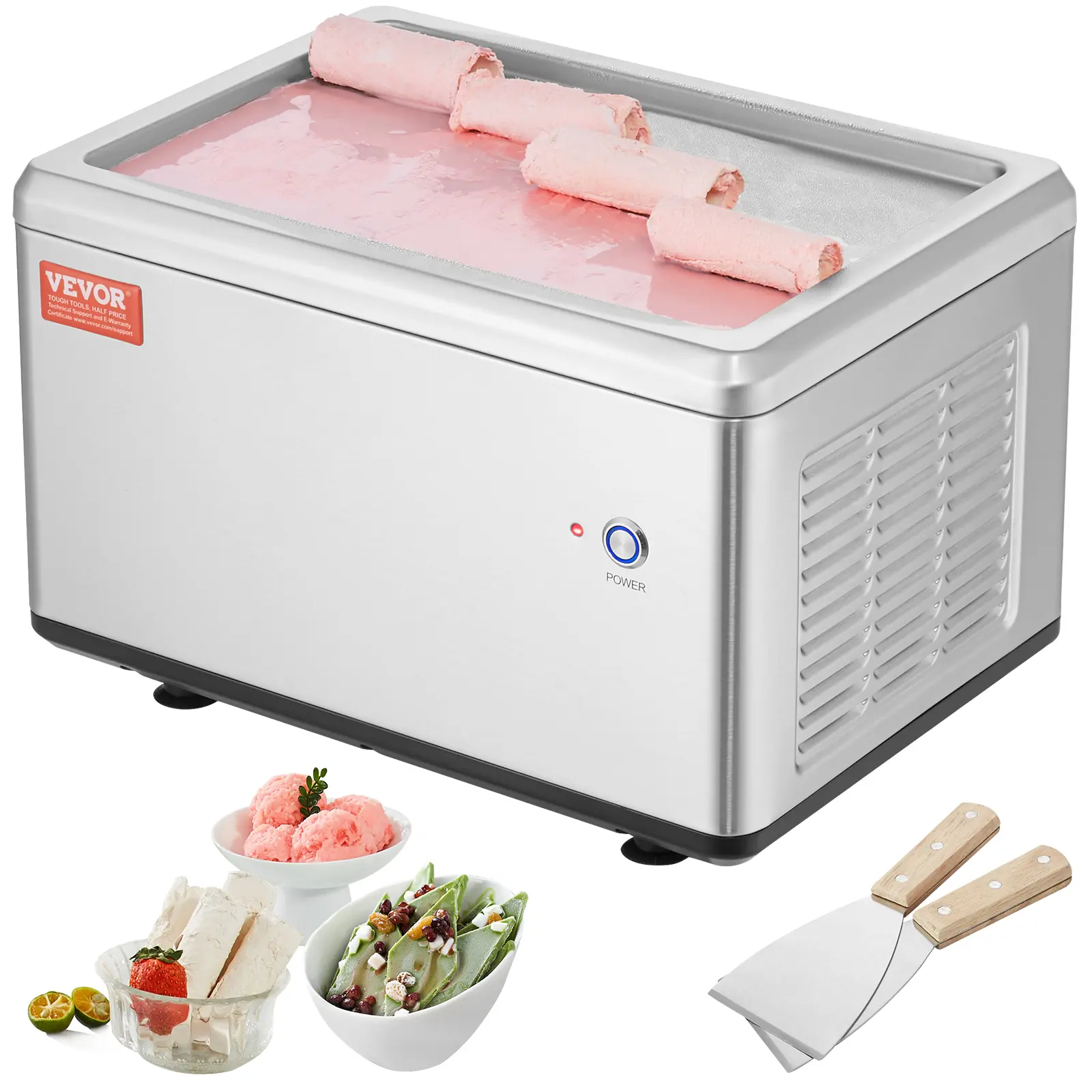 【Summerfinds】VEVOR Fried Ice Cream Roll Machine 12.6" x 8.5" Stir-Fried Ice Cream PanStainless Steel Rolled Ice Cream Maker with Compressor and 2 Scrapersfor Making Ice CreamFrozen YogurtIce Cream Rolls