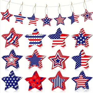 24pcs Patriotic Star Paper Hanging Ornaments, 4th of July Independence Day Decorations, Blue Star Pendants with Hemp Rope for Home Party