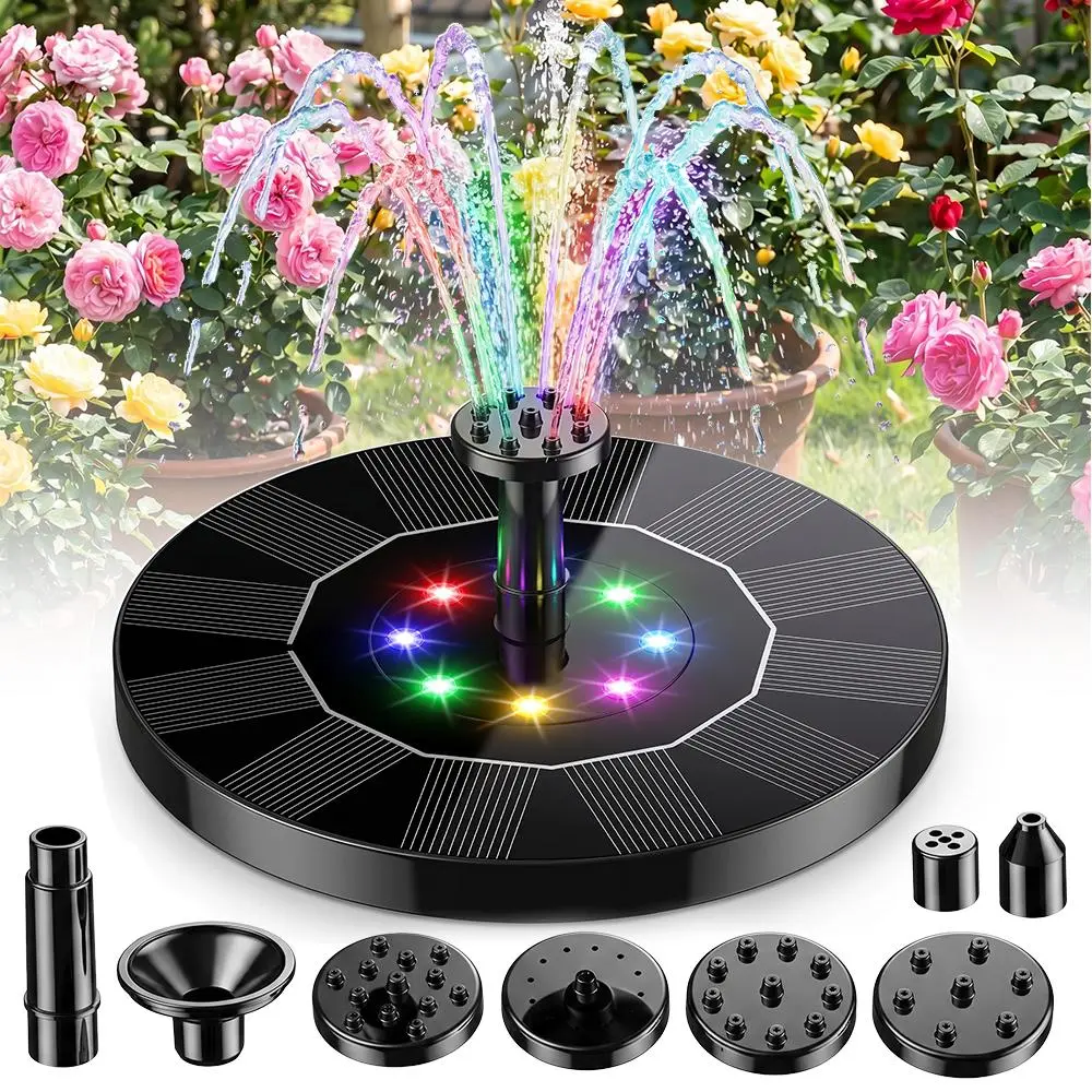 【BackToSchool】 RGB Solar Fountain, Solar Powered Bird Bath Fountain Pump with 4 Nozzles 1.5W Solar Panel Kit Water Pump, Outdoor Watering Submersible Pump for Pond, Pool, Garden, Fish Tank