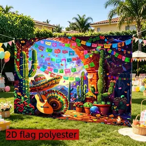 2D Flat 1PC Polyester Mexican Style Banner Cactus Guitar Decor for Indoor & Outdoor Mexican Themed Party Summer Gathering Tropical Event Available in Multiple Sizes
