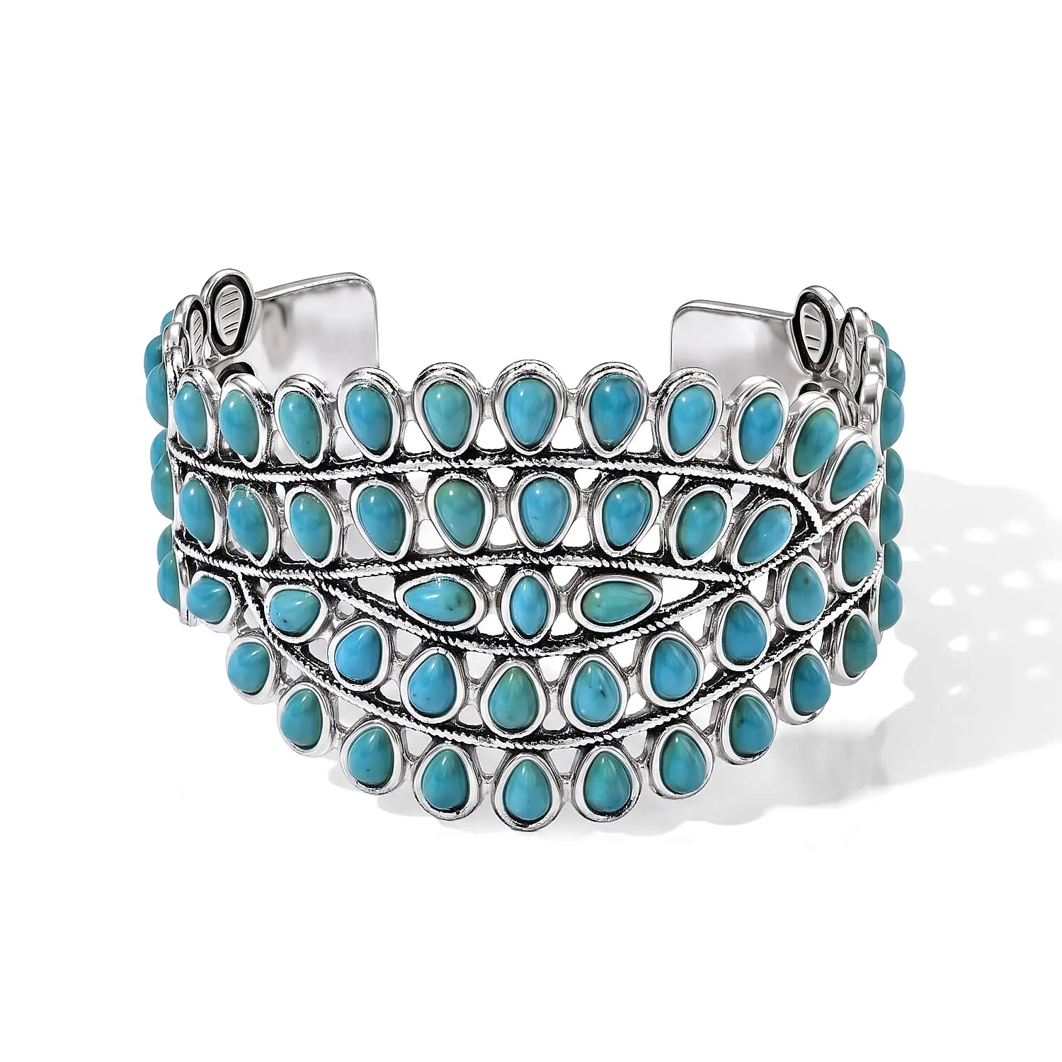 Blue Howlite Cactus Blooms Bangle Bracelet in Silvertone (7.5 In) 25.00 ctw Blue Howlite Cactus Blooms Bangle Bracelet in Silvertone (7.5 In) 25.00 ctw