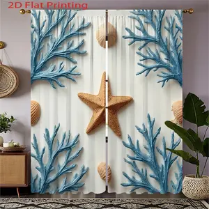 2D Flat, 2pcs Coastal Curtains - Navy Blue & White Ocean Theme Window Drapes with Seashells and Starfish