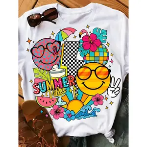 Women's Cotton Round Neck Short-Sleeve T-Shirt - Retro Vibes Smiley Face Print, Casual Chic Top, Foldable Casual Streetwear, Shortsleeve Whimsical Women's T-Shirts