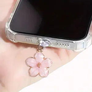 DIY Alloy Drip Oil Colored Five-Petal Camellia Pendant Phone Dust Plug, Phone Charms, Phone Decoration, Suitable for iPhone/Type-C Phone Holes