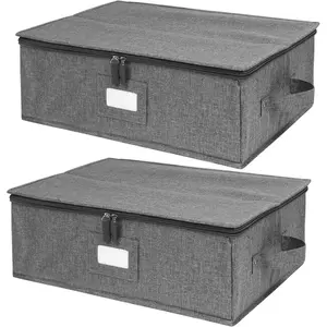 Hard Shell Storage Containers 2 Pack, 17" x 13" x 6" Platter Storage Case with 5 Felt Dividers Included, Structured Top Stackable Storage Holder, Linen Grey