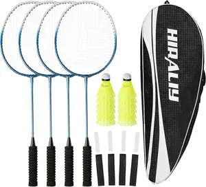 HIRALIY Badminton Rackets Set of 4 for Outdoor Backyard Games, Including 4 Rackets, 12 Nylon Shuttlecocks, 4 Replacement Grip Tapes and 1 Carrying Bag