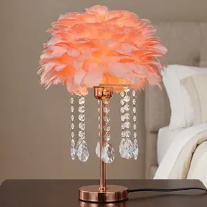 Pink Feather Table Lamp, 17.7 Inch Glam Bedside Desk Lamp, E26 3 Color Bulb Nightstand Lamp With Crystal Style Drops For Bedroom Living Room Vanity