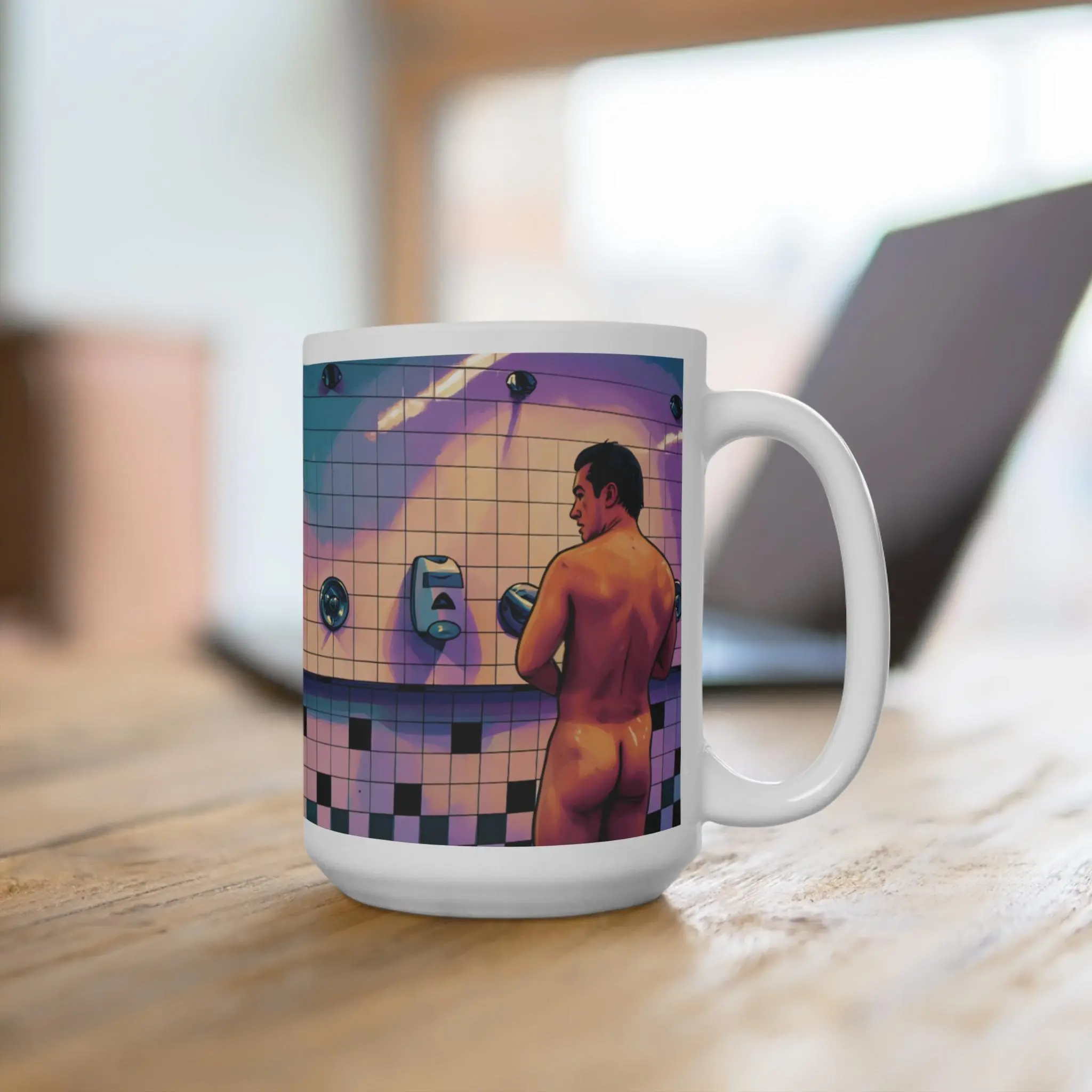Queer Shower Scene Mug 15oz – Colorful Rivalry Romance Inspired Ceramic Coffee Tea Cup, Male Art Gift #QueerArt #PrideGift #CoffeeMug #LGBTQDecor #CeramicCup  # ai generated book mug  # ceramic cups