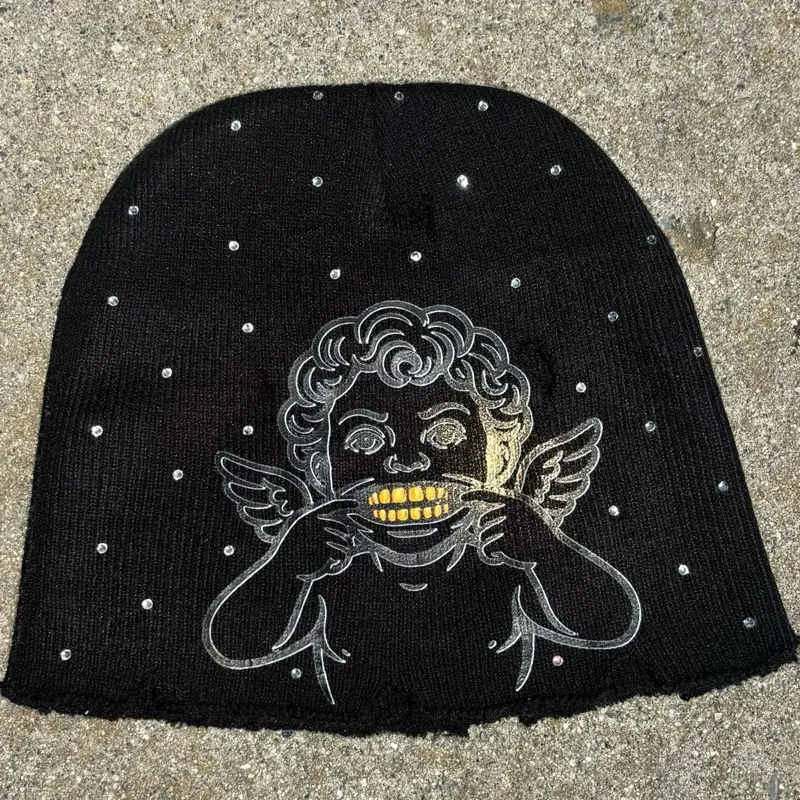Black Grilled Angel Beanie Designed with Rhinestones for Stylish Winter Wear
