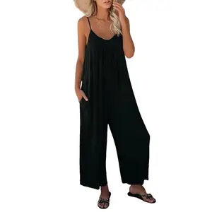 2026 New Women's Backless Jumpsuit • Adjustable Thin Spaghetti Straps • Wide-Leg Loose Casual Resort Style with Pockets • Ideal for Vacation & Daily Wear
