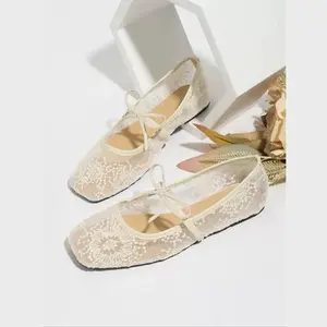 Women's Embroidery Lace Netted Ballet Flats, Elegant Square Toe Flat Shoes for Party, Daily Clothing Decor, Lightweight Breathable Comfortable Shoes for Women & Girls, Wedding Shoes