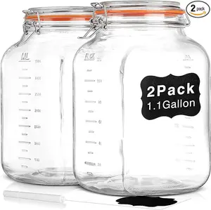 [UPGRADE] 2 Pack Square Super Wide Mouth Airtight Glass Storage Jars with Lids, 1.1 Gallon Glass Jars with 2 Measurement Marks, Canning Jars with Leak-proof Lid for Kitchen(Extra Label and Gasket)