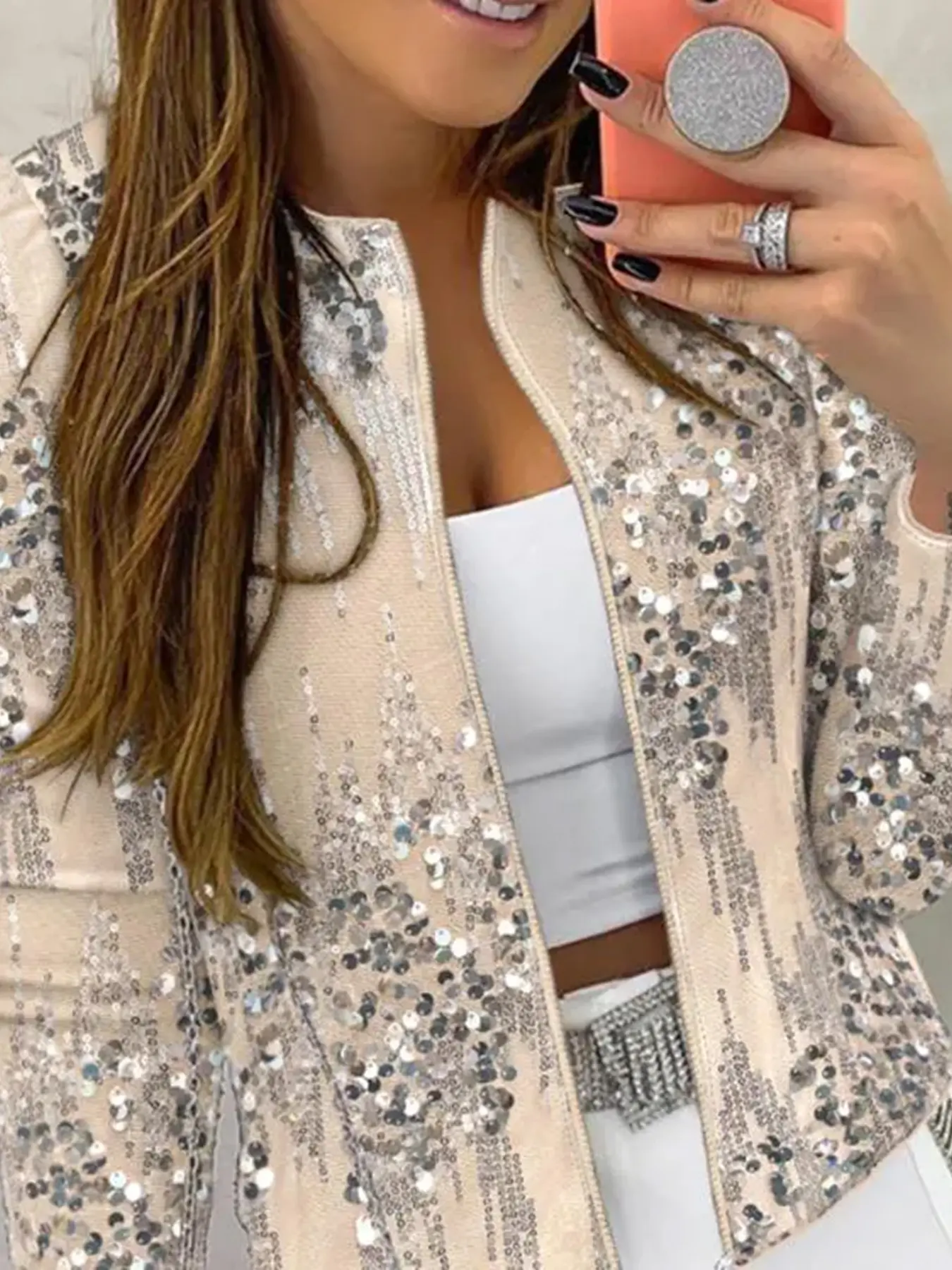 Chic Sequin Coats for Women, Metallic Puff Sleeve Crew Neck Cropped Zip-Up Jacket for Parties and Dates
