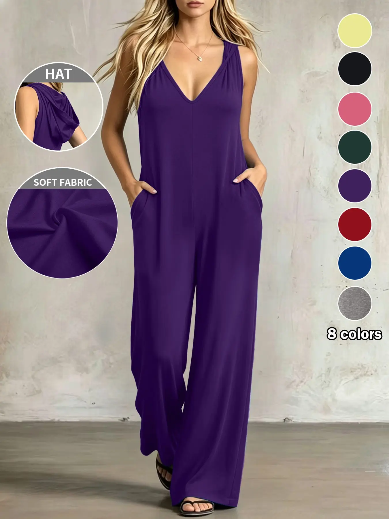 【Juicy Exclusive】Plus Size Women's Jumpsuit, 8 Colors Available, Pocket Design, Plain V-Neck, Loose Fit, Casual Daily Wear, Home & Outing, Everyday