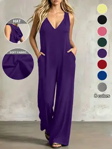 Plus Size Women's V-Neck Overalls One-Piece, 8 Colors Available with Pockets, Casual Shoulder Strap, Ideal for Daily Wear and Home Comfort, Minimalist