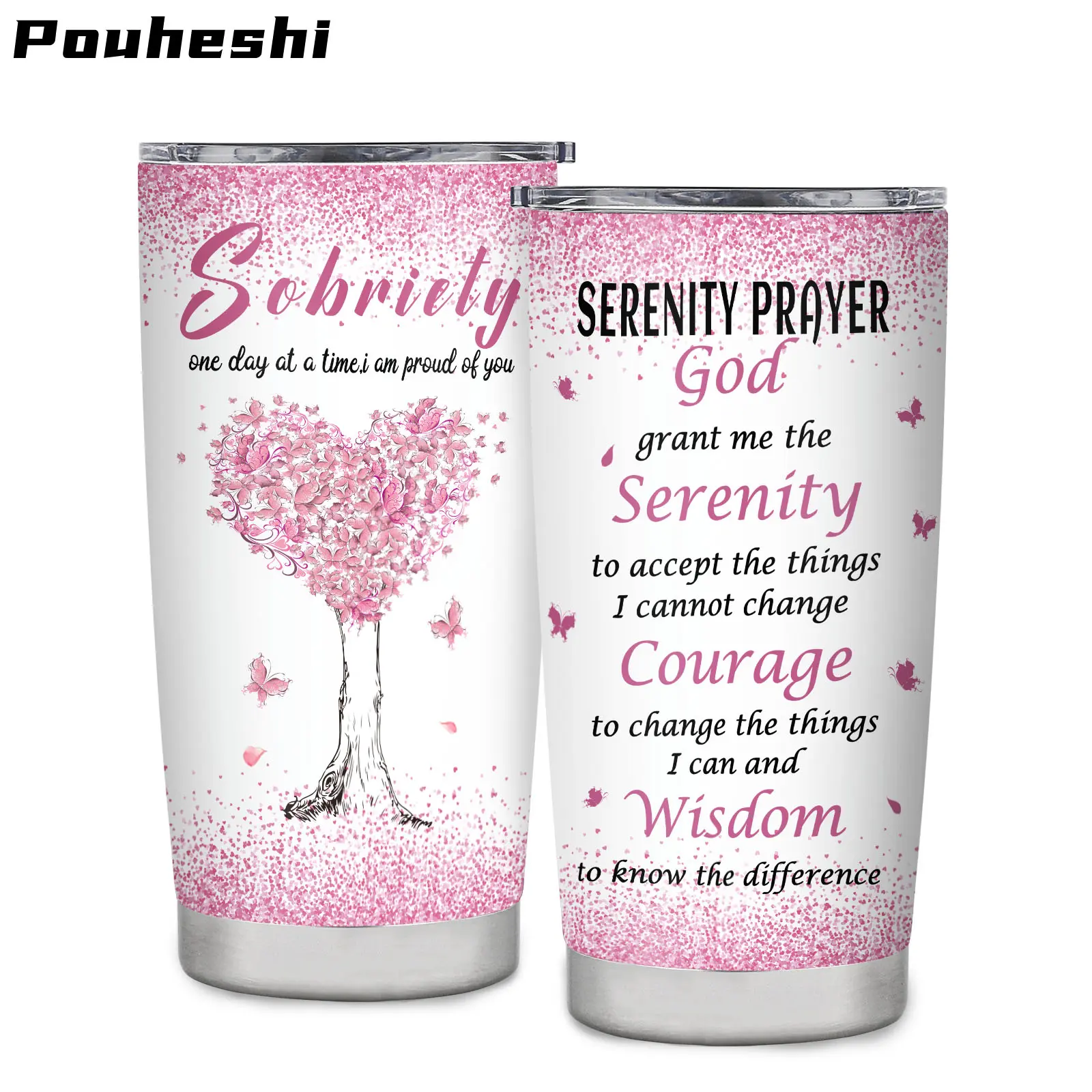 20oz Stainless Steel Insulated Tumbler, Sobriety Serenity Prayer One Day At A Time Pink Heart Tree Design Coffee Mug, Inspirational Sober Anniversary Recovery Gift For Women AA NA Sobriety Journey Travel Cup