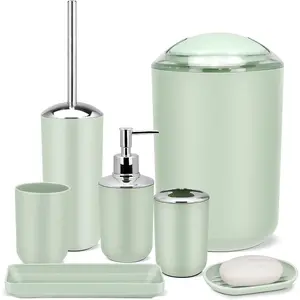 Bathroom Accessories Set,Green Bathroom Set,7 Pieces Bathroom Accessory Set,Tray,Toilet Brush,Trash Can for Bathroom Décor and Housewarming Gifts