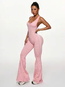 Women's Sporty Workout Jumpsuit with Low-Cut Halter Neck, High-Waisted Flare Pants, Buff Quick-Dry Fabric, Retro Leopard Print, Perfect for Gym & Festivals, Yoga Jumpsuit