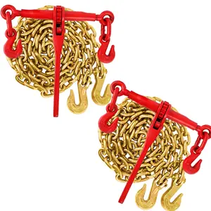 【GARVEE】Chain Binder Kit 2 Packs, 5/16"-3/8" Ratchet Load Binders 9200 Lbs Working Load Limit, G70 5/16"×10ft Heavy Duty Ratchet Binders and Chains with Grab Hooks for Truck, Tie Down, Hauling, Towing