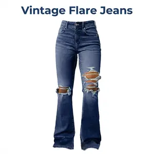 Women's 2026 Viral High Waist Flare Ripped Jeans Vintage Blue Stretchy Soft Comfortable Slim Fit Frayed Hem Y2K Streetwear Casual Daily Outfit for Young Women Teens Daily Street Party College Spring