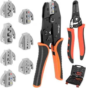 Duty Crimping Tool Set, 9PCS Ratcheting Wire Crimper with Interchangeable Jaws, AWG 22-2 (0.5–35mm²), for Ferrules, Heat Shrink, Open Barrel, & Non-Terminals,