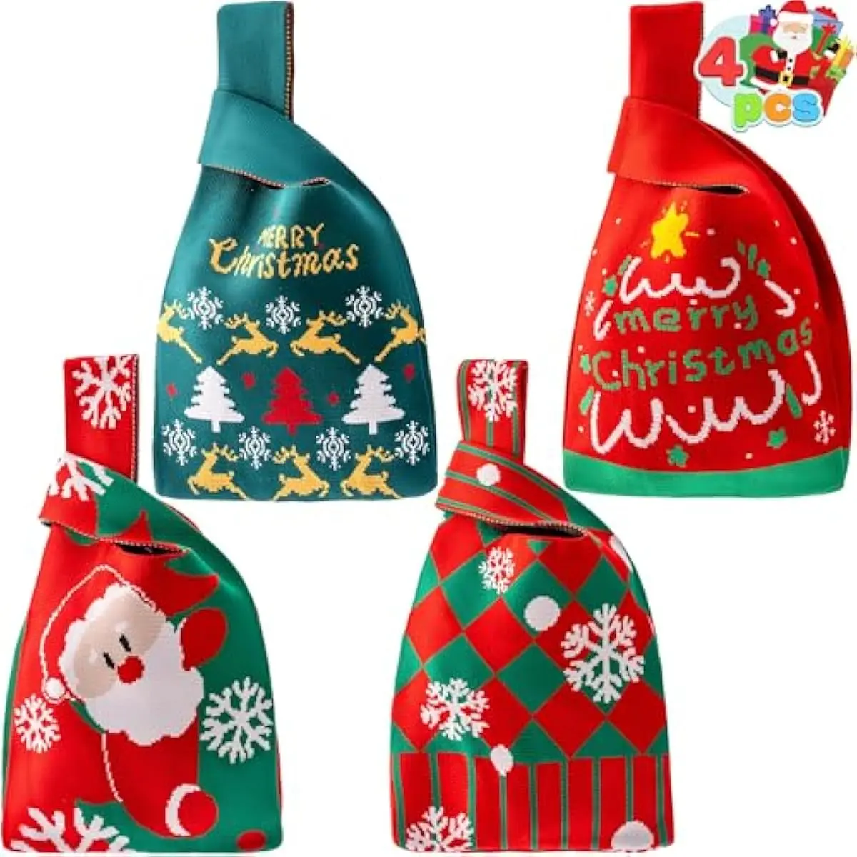 JOYIN 4 PCS Christmas Wrist Knotted Tote Bag Crochet Wristlet Handbag(7.87" x 13.78"), Reusable Xmas Knitted Gift Bag for Holiday Present, Goody Treat Candy Gift Wrappers, Party Favor Supplies
