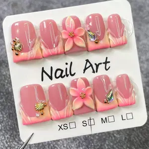 10-Piece Y2K Hip-Hop Nail Art Set, French Tips in Nude, 3D Flower, Gold Beads, Shell Decor, Rhinestones, Party, Daily Wear, Gift, Nail Design