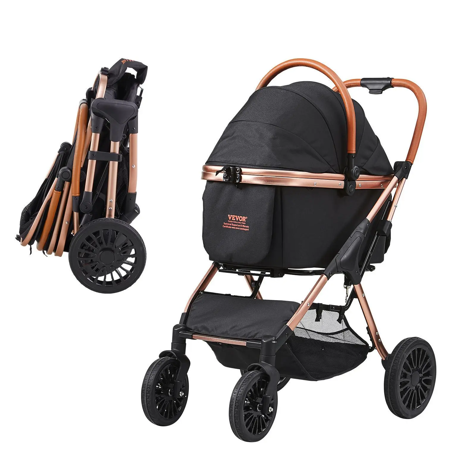 VEVOR Pet Stroller for Small-Medium Dogs, 360° Swivel Front 4 Wheels with Brakes, 66 lbs Capacity, Detachable Fabric Carrier, Adjustable Handle Height, Storage Basket, Button-Equipped Pet Pad, Black