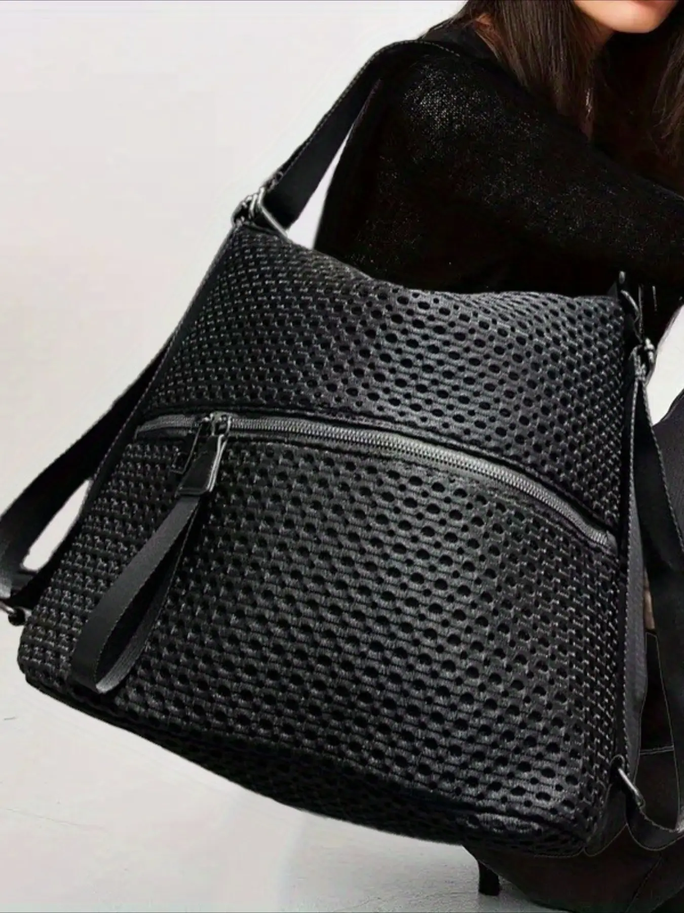 Ladies' fashionable mesh lightweight backpack with front pocket, zip backpack, large capacity backpack, minimalist daily use, portable wide shoulder strap, multifunctional crossbody handbag, Lightweight Casual Daypack