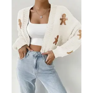 ChromaChic LEE Cute Gingerbread Sweater Button Front Design Short Cropped Cardigan Collar Trim For Women Girls