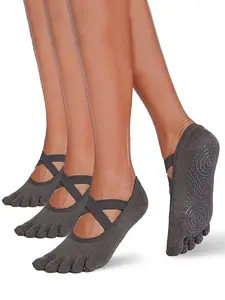 3 Pairs Aesthetic Pilates Princess Grip Socks, Cotton Blend Women's X-Strap Five Toe Yoga Socks, Anti-Slip Toed Socks for Barre & Dance, Cute Studio Essentials, Elastic Socks