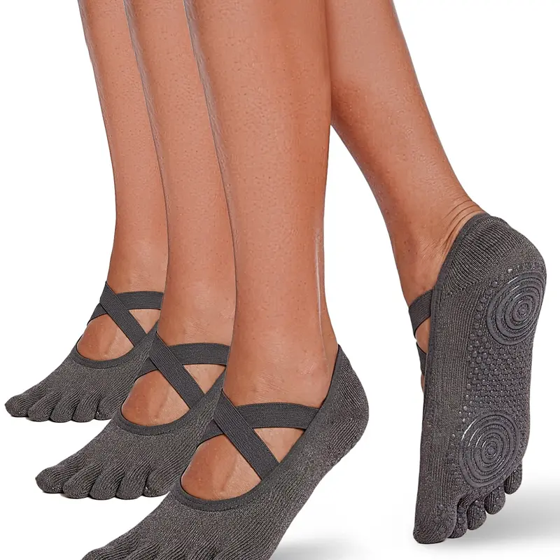 3 Pairs Aesthetic Pilates Princess Grip Socks, Cotton Blend Women's X-Strap Five Toe Yoga Socks, Anti-Slip Toed Socks for Barre & Dance, Sporty Socks, Cute Studio Essentials