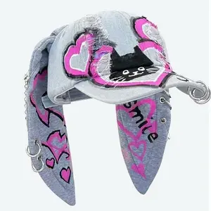 Women's Street Style Ripped Rabbit Ears Design Baseball Cap, Fashionable Heart &Letter Pattern O-ring Decor Baseball Cap for Daily Wear, Trendy All-match Clothes Accessories for Women & Girls