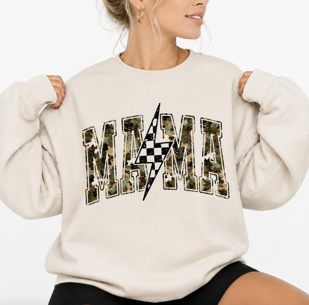 Women’s Mama Sweatshirt, Vintage Grunge Camo Crewneck, Oversized Checkered Graphic Long Sleeve Cotton Blend Pullover, Hoodie, Spandex, Baggy, Outdoors, Longsleeves, Fit, Loose, Casual, Round Neck, Tops
