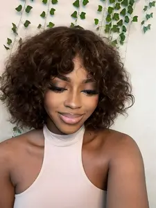 Bob Machine Made Human Hair Wig for Women, Short Water Wave with Bangs, Daily Party Cosplay Use, Curly Wig, Human Hair Wavy