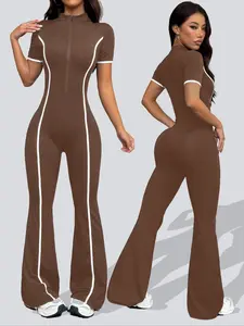 Women's Colorblock Zipper Knit Yoga Jumpsuit, Spring Summer Sportswear, Casual Fashion Pants, Home Commute Wear, Daily Leisure Clothing, Sportswear Jumpsuits