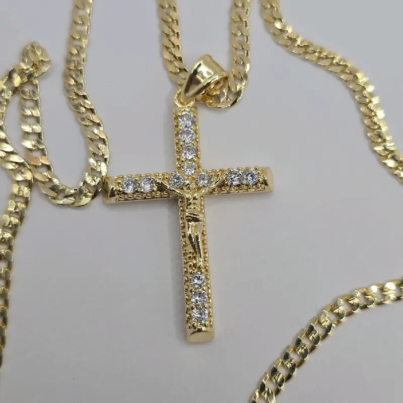 CHRIST ON THE CROSS clear stones Cuban link style necklace gold-plated 24"inches stamp