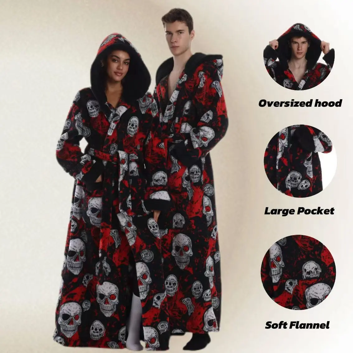 1pc Skull Print Flannel Bathrobe, Plus Size with Hat and Belt, Unisex, Soft and Warm, Perfect Gift