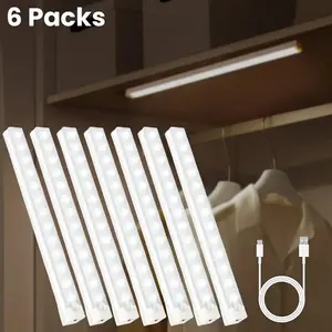 USB Rechargeable Motion-Sensor Night Light, 6 Counts Wireless LED Night Light, Multi-purpose LED Lamp for Wardrobe, Cabinet, Stairway, Home Decor Lighting, Nightlight For Bedroom
