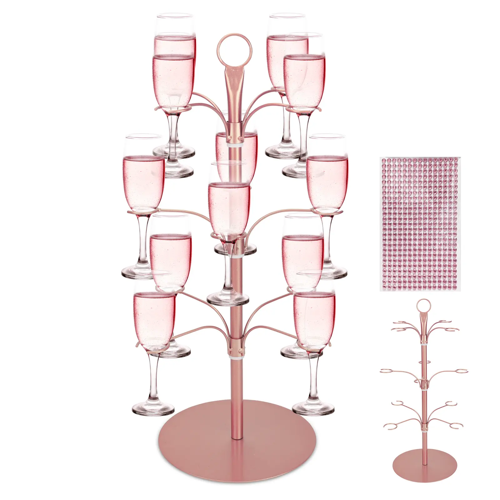 Iron 3-Tier Cocktail Tree Stand - 12-Holder Champagne Tower with Crystal Stickers, Metal Glasses Holder for Cocktails, Martini, Wine, Drink Display for Home Bar, Wedding Party