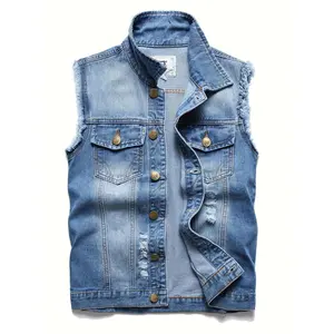 Denim Vest Men Lapel Sleeveless Slim Fit Retro Ripped Casual Jean Vest For Men's
