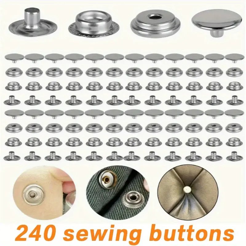 240 Pieces Stainless Steel Snap Fastener, 15mm Heavy Duty Snap Button Press Stud Cap for Jeans Fabric Jackets Clothes Bag Leather DIY Craft