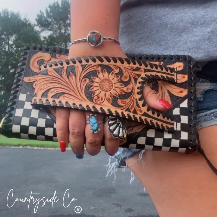 Wildcard Checkered Tooled Leather Clutch, Purse