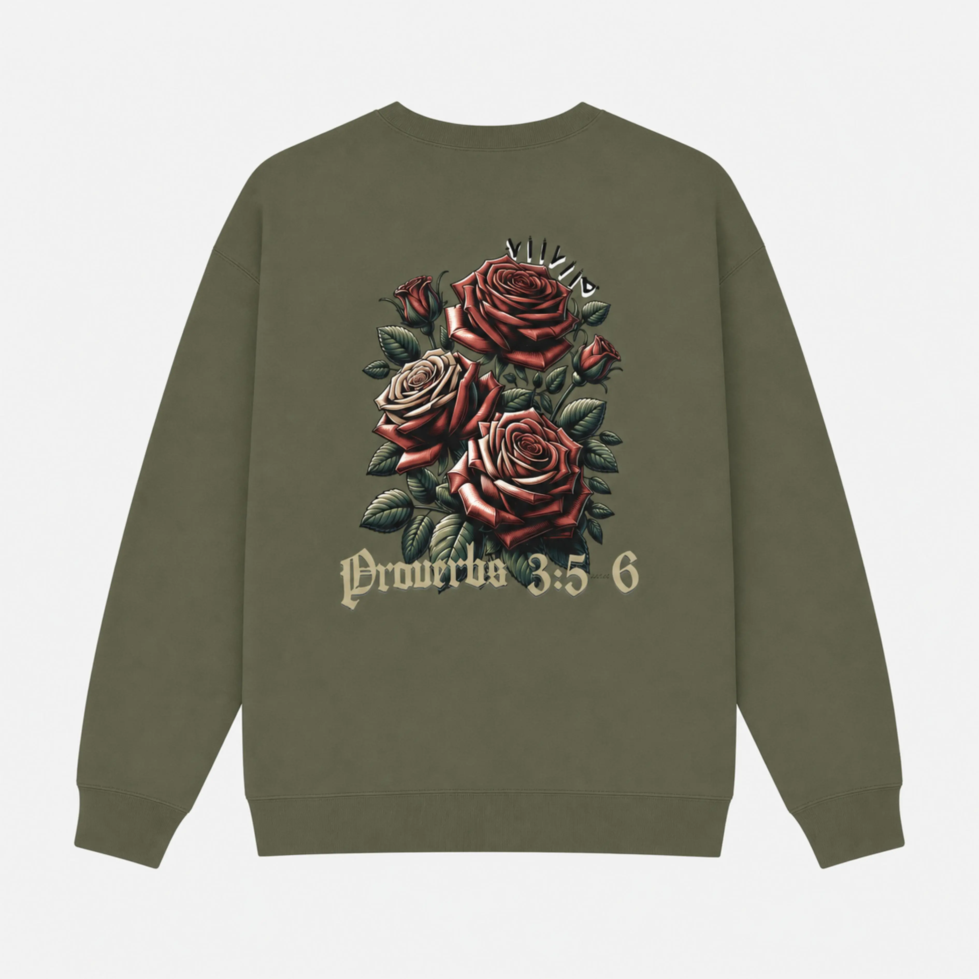 Stylish Crew Neck Sweatshirt - Roses Print, Proverbs 3:5-6 Design, Comfortable, Cozy, Trending Casual Classic, Cold/Chilly Days Wear, Ideal Gift, Everyday Wear, Faith Driven, Trendy Wear, Military Green, Black, Sand, White, Long Sleeve Round Neck Crewneck