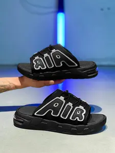 Men's Thick Sole Letter Air Cushion Slippers, Casual Letter Print Sandals, Lightweight Beach Shoes, Comfortable Anti-Slip Soft Bottom, Indoor Outdoor Wear