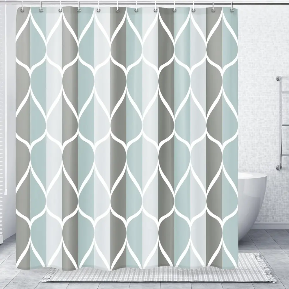 Geometric Gingham Waterproof Polyester Shower Curtain Set - Traditional Bathroom Curtains Shower for Bathrooms, Apartments, Gyms, Campervans, 12/24 Hooks Included, Quick Button Installation, Resistant