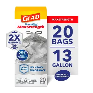 Glad ForceFlex MaxStrength Tall Kitchen Drawstring Trash Bags, 13 Gallon, Odorshield, 20 Count