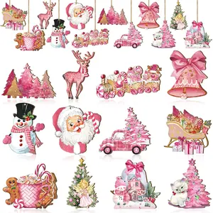 Christmas Clearance Sale 36 Pcs Christmas Ornaments Set Cute Pink Christmas Santa Claus Snowman Design Wooden Hanging Ornaments Christmas Decorations for Xmas Tree Holiday Party Home Decor Winter Crafts Supplies Christmas Gift Pink Girly Aesthetic