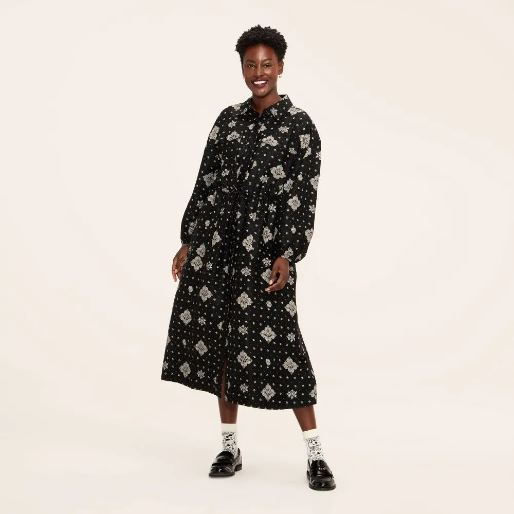 Women's Original Collared Bandana Print Long Sleeve Cargo Button-Up Utility Midi Garment Dress - Woolrich
