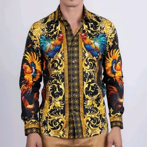 Barabas Men's Black and Gold Rooster Rhinestone Long Sleeve Button Up Dress Shirt Menswear Top with Vibrant Rooster Motif